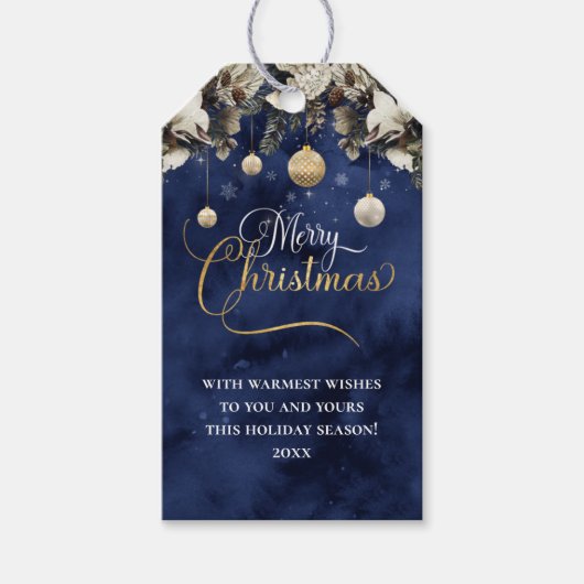 Marine-Blau-GoldBlumen-frohe Weihnachten Geschenkanhänger (Vorderseite)