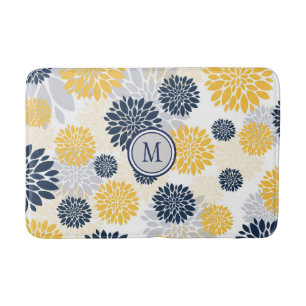 Marine-Blau-GoldBlumen-Grafik-Muster Badematte