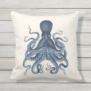 Marine-Blau-Kraken-Illustration auf Creme Kissen