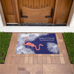 Marine-Blau-Leinwand mit rosa Flamingos Fußmatte