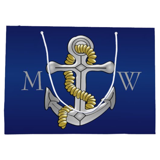 Marine-Blau-mit Monogramm Anker Große Geschenktüte (Rückseite)
