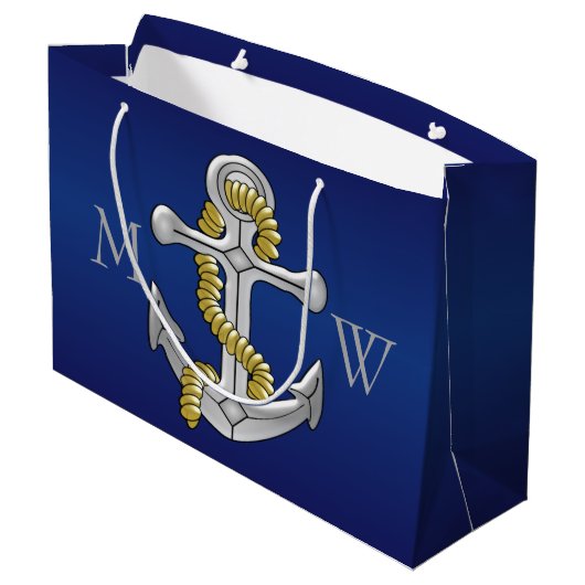 Marine-Blau-mit Monogramm Anker Große Geschenktüte (Rückseite Schrägansicht)