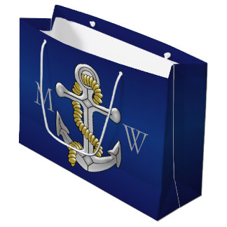 Marine-Blau-mit Monogramm Anker Große Geschenktüte
