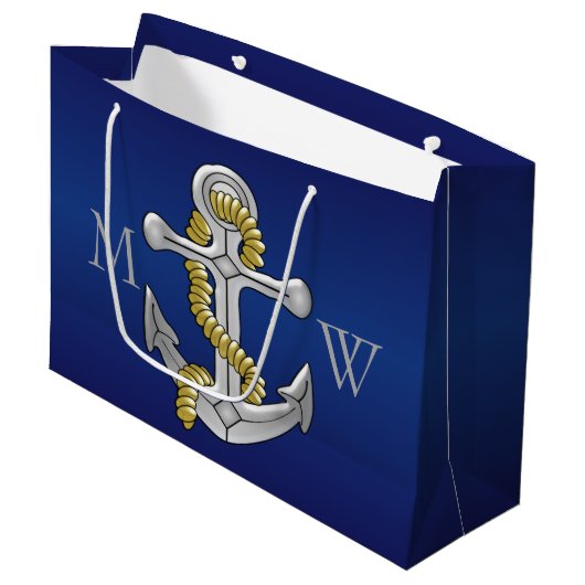 Marine-Blau-mit Monogramm Anker Große Geschenktüte (Vorderseite Schrägansicht)