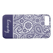 Marine-Blau-Paisleyblumenmuster-Monogramm-Name Case-Mate iPhone Hülle (Rückseite (Horizontal))