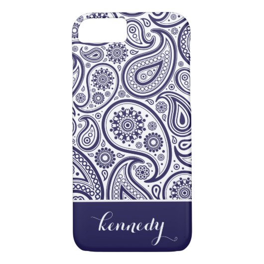 Marine-Blau-Paisleyblumenmuster-Monogramm-Name Case-Mate iPhone Hülle (Rückseite)
