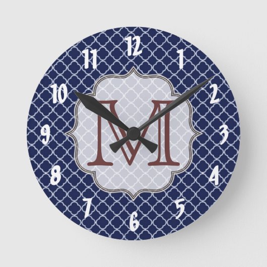 Marine-Blau Quarterfoil Latti Monogramm-Wanduhr Runde Wanduhr (Vorderseite)