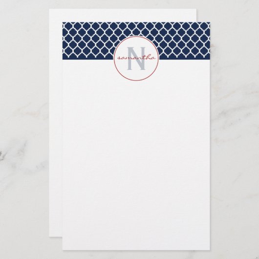 Marine-Blau Quatrefoil Monogramm Briefpapier (Vorne/Hinten)