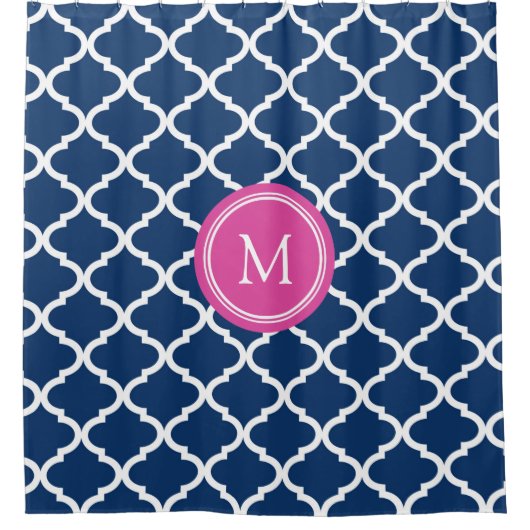 Marine-Blau Quatrefoil rosa Monogramm-Duschvorhang Duschvorhang (Vorderseite)
