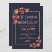 Marine-Blau-Rosa-Blumengoldbrautjungfern Einladung (Vorne/Hinten)
