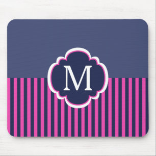 Marine-Blau-Rosa Stripes Monogramm Mousepad