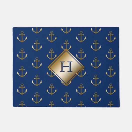 Marine-Blau-Seegold verankert Monogramm Fußmatte (Vorderseite)