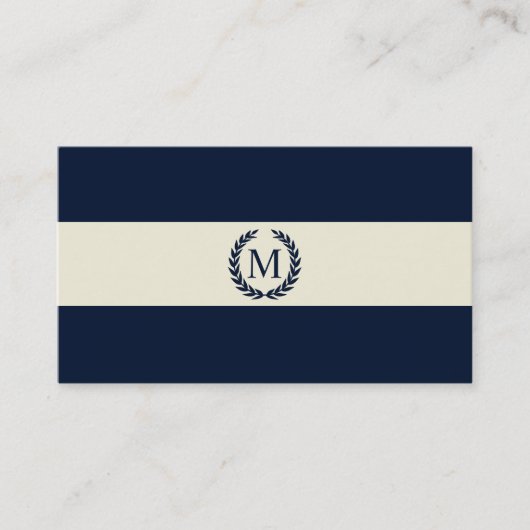 Marine-Blau u. Creme-Streifen-Monogramm Visitenkarte (Vorderseite)