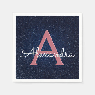 Marine-Blau-u. Rosen-Goldschein-Monogramm-Initiale Serviette