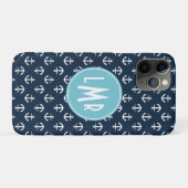 Marine-Blau und Aqua-Monogramm-Anker-Muster Case-Mate iPhone Hülle (Rückseite (Horizontal))
