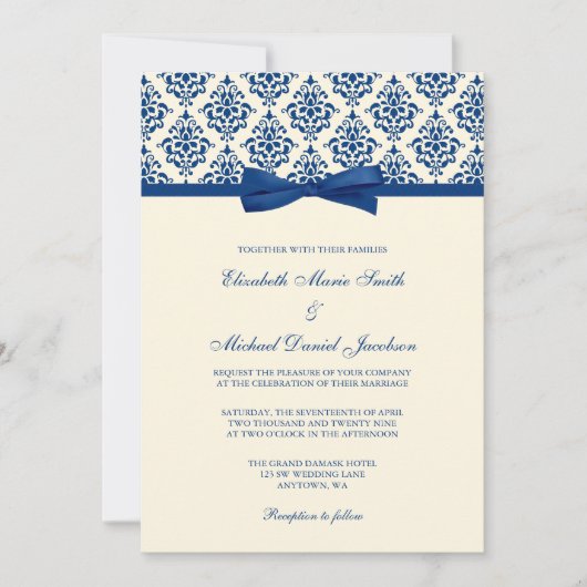 Marine-Blau-und Elfenbein-Damast-Bogen-Hochzeit Einladung (Vorderseite)