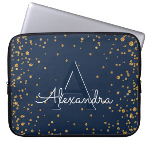 Marine-Blau und Goldconfetti-Monogramm Laptopschutzhülle