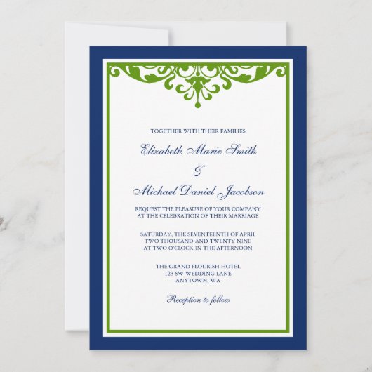 Marine-Blau und Grün blühen Hochzeit Einladung (Vorderseite)