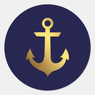 Marine-Blau-und Imitat-Goldfolien-Anker Runder Aufkleber