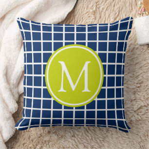 Marine-Blau und Limones grünes Gitter-Monogramm Kissen
