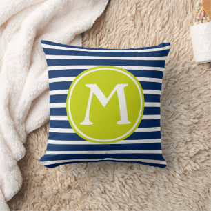 Marine-Blau und Limones grünes Streifen-Monogramm Kissen