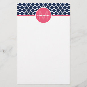Marine-Blau und Pink Quatrefoil Monogramm Briefpapier