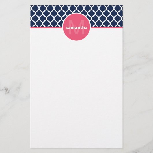 Marine-Blau und Pink Quatrefoil Monogramm Briefpapier (Vorderseite)