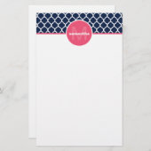 Marine-Blau und Pink Quatrefoil Monogramm Briefpapier (Vorne/Hinten)