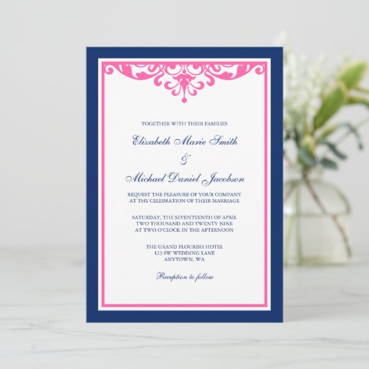 Marine-Blau und Rosa blühen Hochzeits-Einladungen Einladung (Stehend Vorderseite)