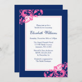 Marine-Blau und Rosa blühen Wirbels-Brautparty Einladung (Vorne/Hinten)