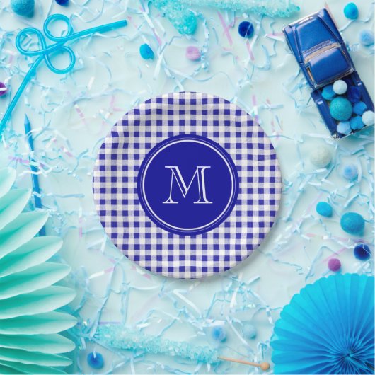 Marine-Blau-und Weiß-Gingham, Ihr Monogramm Pappteller (Party)