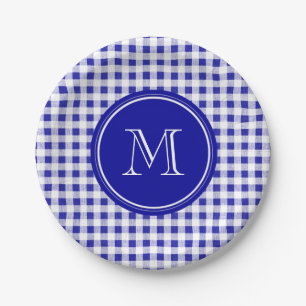 Marine-Blau-und Weiß-Gingham, Ihr Monogramm Pappteller