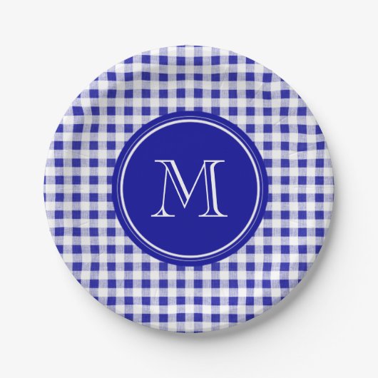Marine-Blau-und Weiß-Gingham, Ihr Monogramm Pappteller (Vorderseite)