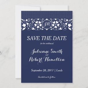 Marine-Blau-und Weiß-Spitze-Monogramm Save the Save The Date