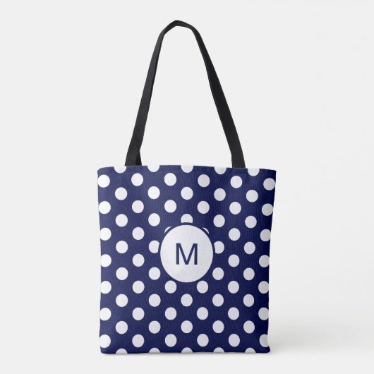 Marine-Blau-und Weiß-Tupfen-Muster-Monogramm Tasche (Rückseite)