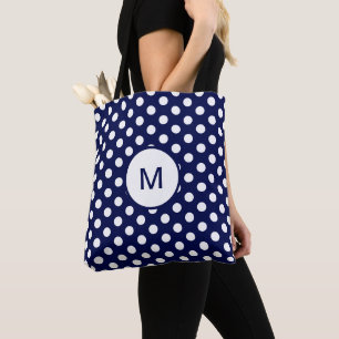 Marine-Blau-und Weiß-Tupfen-Muster-Monogramm Tasche
