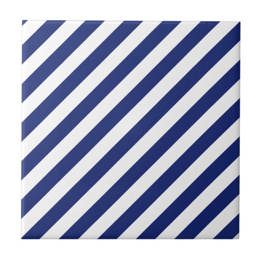 Marine-Blau-und weißesdiagonales Streifen-Muster Fliese (Vorderseite)