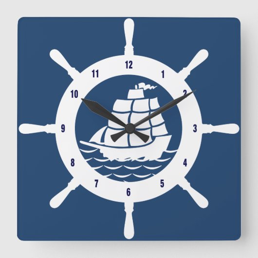 Marine-Blau-und weißesseerad Quadratische Wanduhr (Vorderseite)