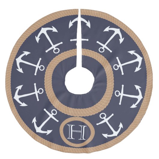 Marine-Blau-weiße Anker und Seil-Seemonogramm Polyester Weihnachtsbaumdecke (Vorderseite)