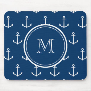 Marine-Blau-weißes Anker-Muster, Ihr Monogramm Mousepad