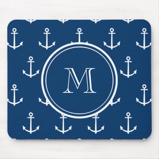 Marine-Blau-weißes Anker-Muster, Ihr Monogramm Mousepad (Vorne)