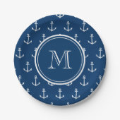 Marine-Blau-weißes Anker-Muster, Ihr Monogramm Pappteller (Vorderseite)