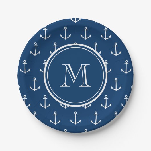 Marine-Blau-weißes Anker-Muster, Ihr Monogramm Pappteller (Vorderseite)