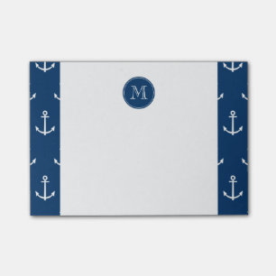 Marine-Blau-weißes Anker-Muster, Ihr Monogramm Post-it Klebezettel