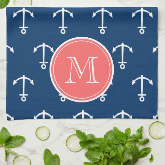Marine-Blau-weißes Anker-Muster, korallenrotes Geschirrtuch (Gefaltet)