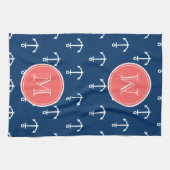 Marine-Blau-weißes Anker-Muster, korallenrotes Geschirrtuch (Horizontal)