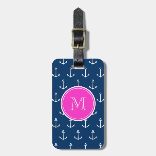 Marine-Blau-weißes Anker-Muster, Pink-Monogramm Gepäckanhänger (Vorderseite vertikal)
