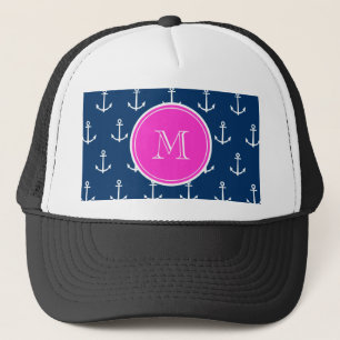 Marine-Blau-weißes Anker-Muster, Pink-Monogramm Truckerkappe