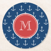 Marine-Blau-weißes Anker-Muster, rotes Monogramm Runder Pappuntersetzer (Vorderseite)