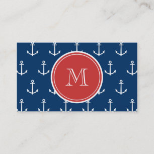 Marine-Blau-weißes Anker-Muster, rotes Monogramm Visitenkarte